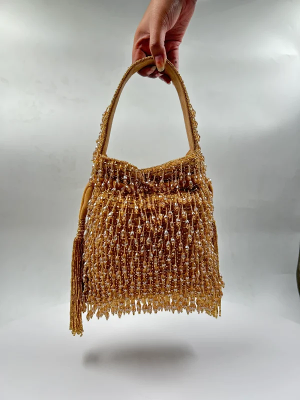 Gold Velvet Handcrafted Crystal Tassel Potli - Image 2