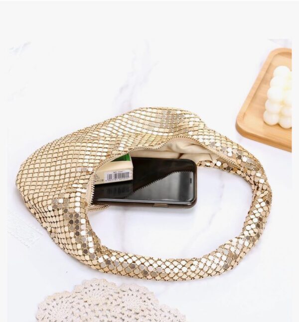 Womens Metallic Evening Bag Cute Hobo Handbag Fashion Shiny Moon-shaped Shoulder Purse - Image 3