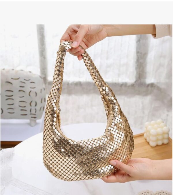 Womens Metallic Evening Bag Cute Hobo Handbag Fashion Shiny Moon-shaped Shoulder Purse - Image 4