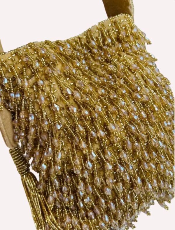 Gold Velvet Handcrafted Crystal Tassel Potli - Image 4