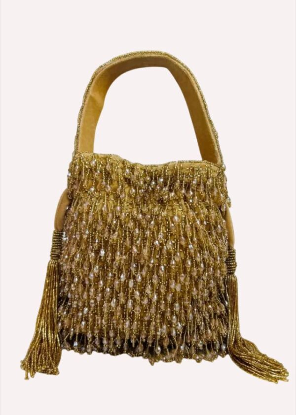 Gold Velvet Handcrafted Crystal Tassel Potli - Image 3