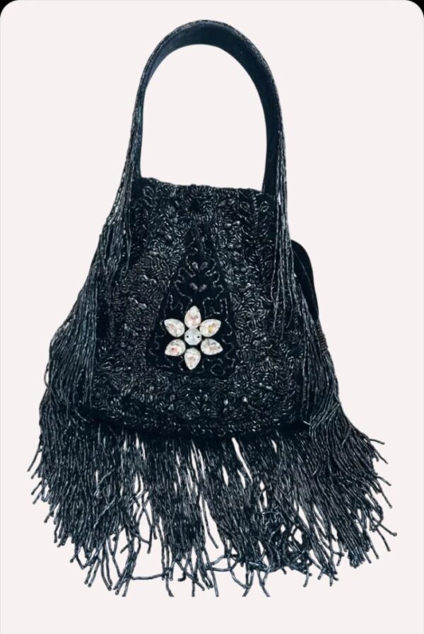 Black Embroidered Potli Bag With Long Tassels - Image 4