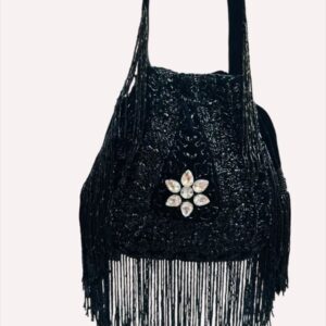 Black Embroidered Potli Bag With Long Tassels