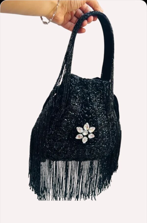 Black Embroidered Potli Bag With Long Tassels - Image 3