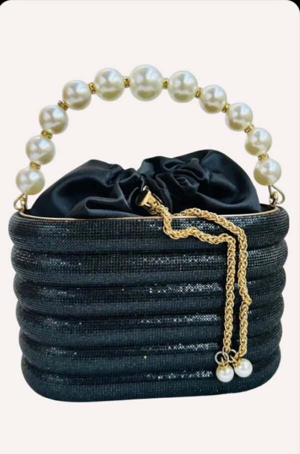 Pearl Top-Handle Crystal Evening Handbag Diamonds Metal Bucket Bag - Image 4