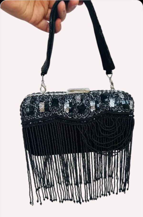 Black Embellished Cutdana Clutch With Long Tassels - Image 6