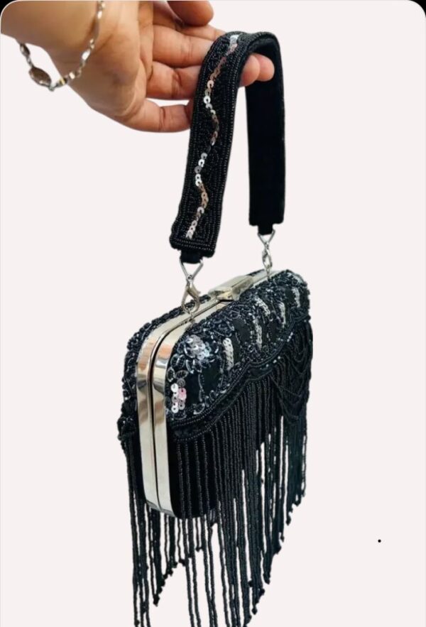 Black Embellished Cutdana Clutch With Long Tassels - Image 7