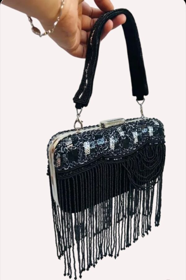 Black Embellished Cutdana Clutch With Long Tassels - Image 5