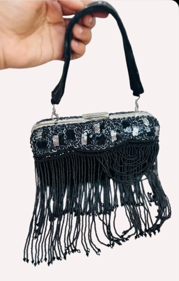 Black Embellished Cutdana Clutch With Long Tassels - Image 3