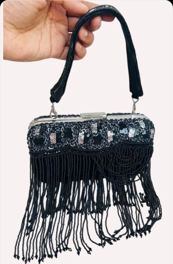 Black Embellished Cutdana Clutch With Long Tassels - Image 4