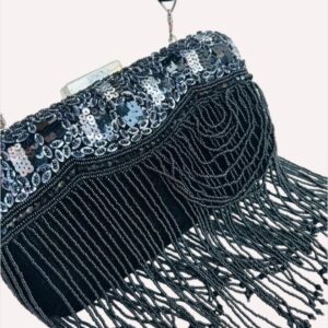 Black Embellished Cutdana Clutch With Long Tassels