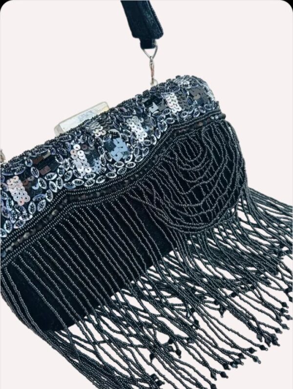 Black Embellished Cutdana Clutch With Long Tassels - Image 2