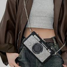 Women Camera Shoulder Bag Rhinestones Messenger Bag Chain Strap Handbag and Purse Korean Style Crossbody Bag for Daily