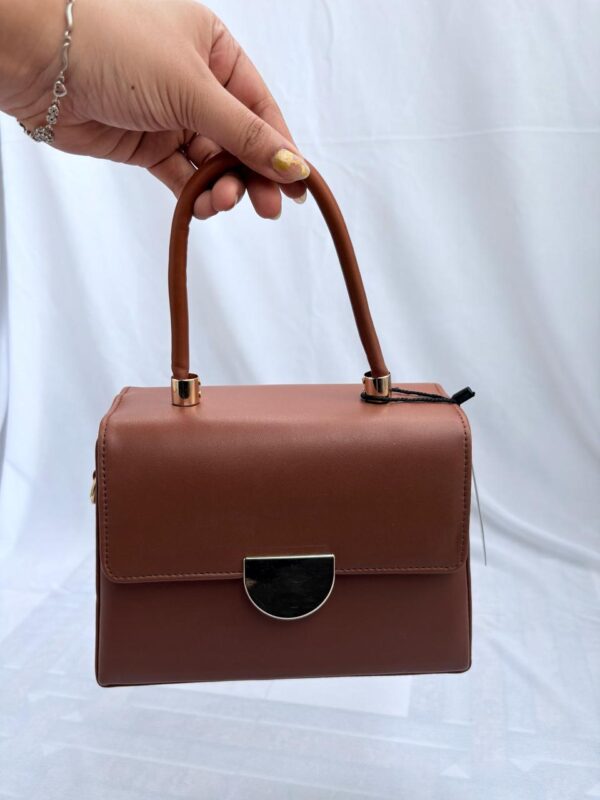 Tan PU Leather Handbag with Detachable Strap - Image 5