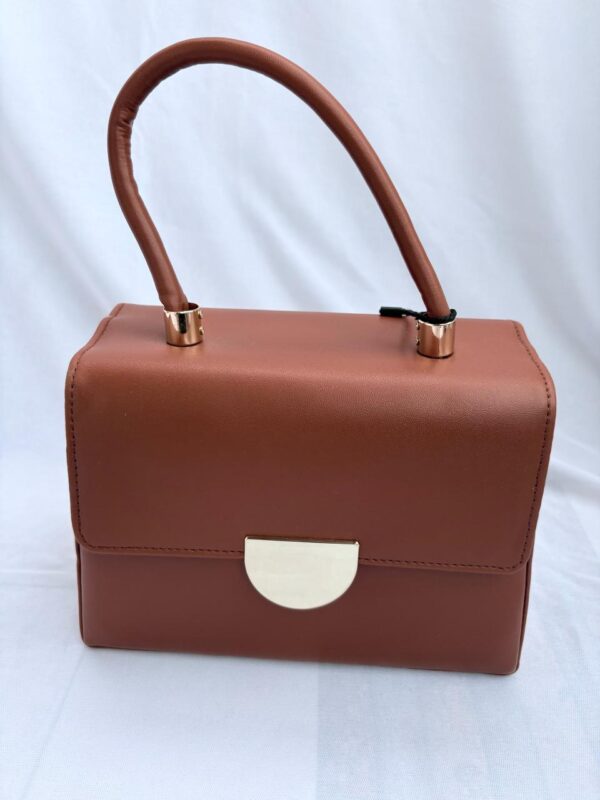 Tan PU Leather Handbag with Detachable Strap - Image 4