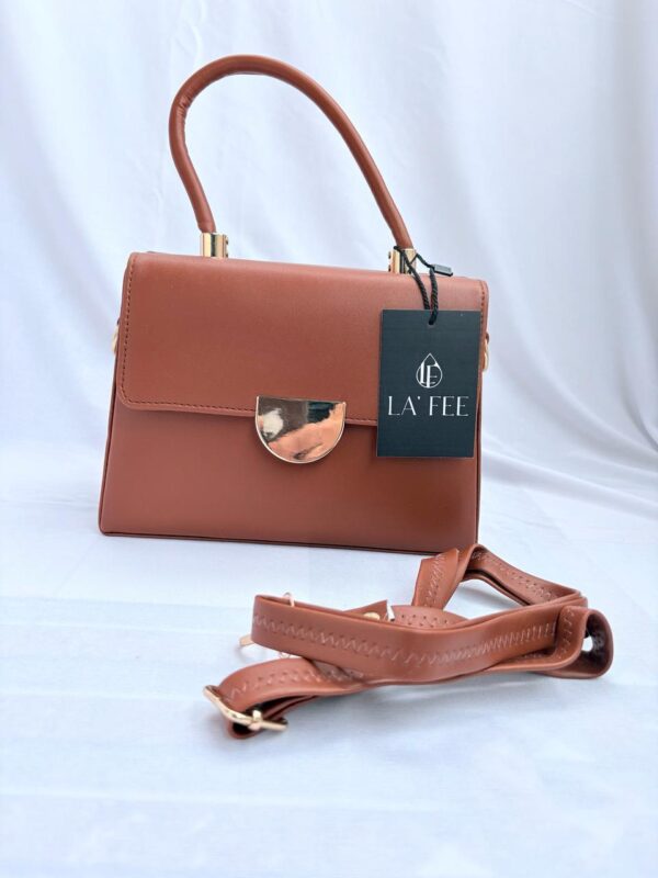 Tan PU Leather Handbag with Detachable Strap - Image 8