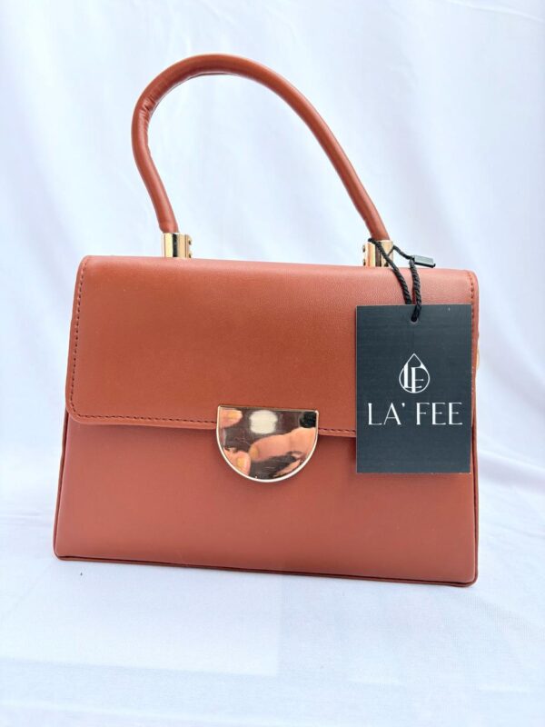 Tan PU Leather Handbag with Detachable Strap - Image 2