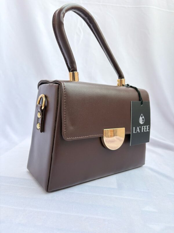 Dark Chocolate PU Leather Handbag with Detachable Strap - Image 2