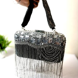 Black Embellished Cutdana Clutch With Long Tassels