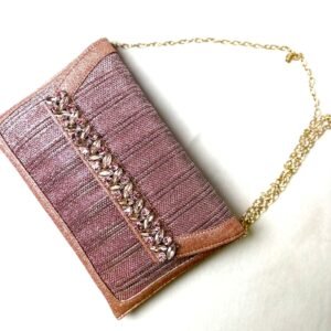 Pink & Gold Hand Beaded Bridal Clutch Purse with Suspended Pearls
