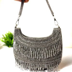 Silver Beads Work Handbag with tassels