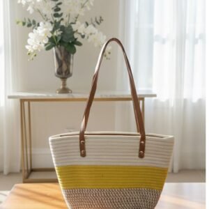 Beige Large Vacation Straw Bag with Plain Studded Detail for Style