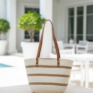 Beige Large Vacation Straw Bag with Plain Studded Detail for Style