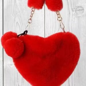 Heart Shaped Faux Fur Handbag for Women Soft Furry Fluffy Small Shoulder Bag Clutch Purse with Pom Pom