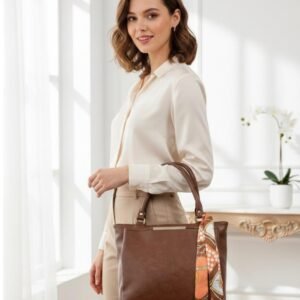 Dark Brown Women's Tote Bag, with Scarf Accessory, Gold Hardware Accent, Shoulder Handbag