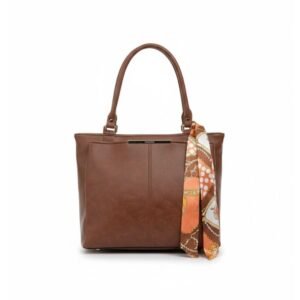 Dark Brown Women’s Tote Bag, with Scarf Accessory, Gold Hardware Accent, Shoulder Handbag