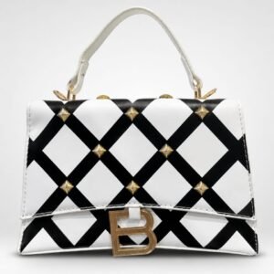 white and black grid-pattern handbag
