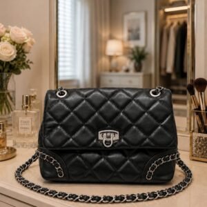 Black quilted leather flap shoulder bag